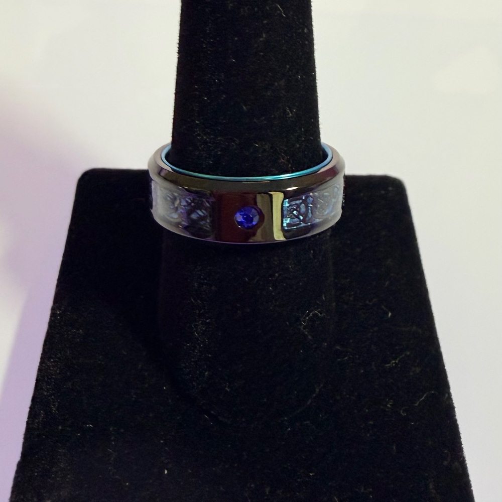 Tungsten Titanium Carbide 8 mm Blue Black Dragon with Blue CZ Gem Ring Band - Picture 5 of 13